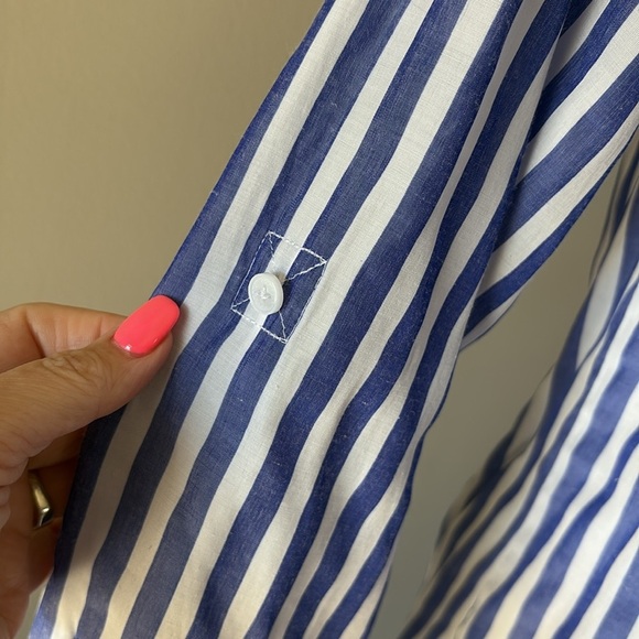 Express women’s blue and White Striped Button-Up Shirt 2 pockets tab sleeves S - Picture 6 of 14